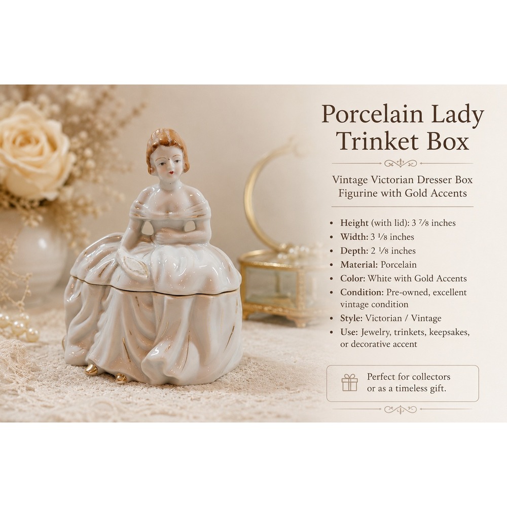 Vintage Porcelain Victorian Lady Trinket Box Figurine Dresser Jar Gold Accents